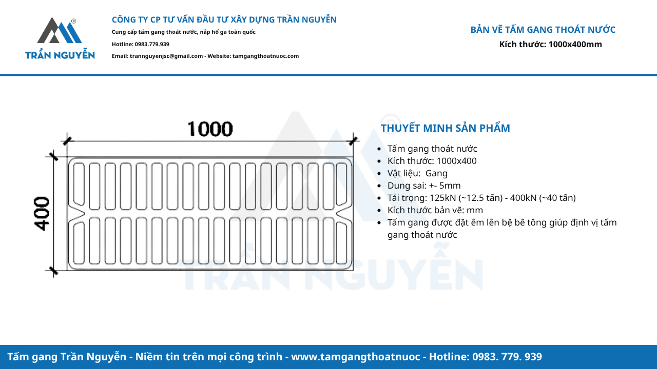 Bản vẽ tấm gang thoát nước 1000x400mm (không khung)