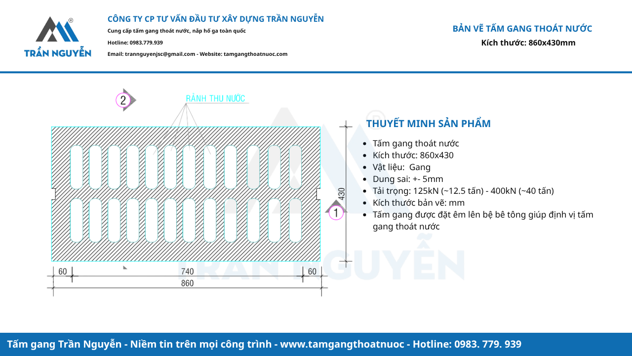 Bản vẽ tấm gang thoát nước 860x430mm