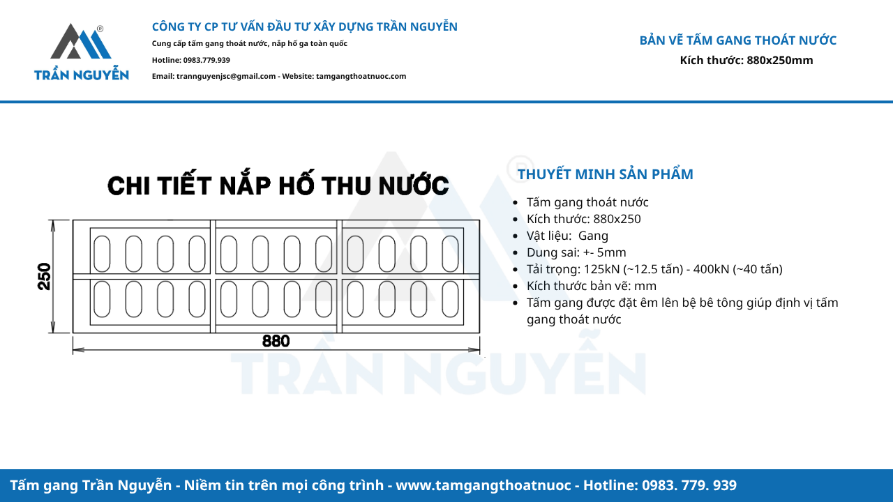 Bản vẽ tấm gang thoát nước 880x250mm