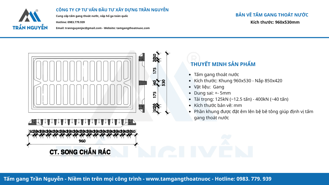 Bản vẽ tấm gang thoát nước 960x530mm