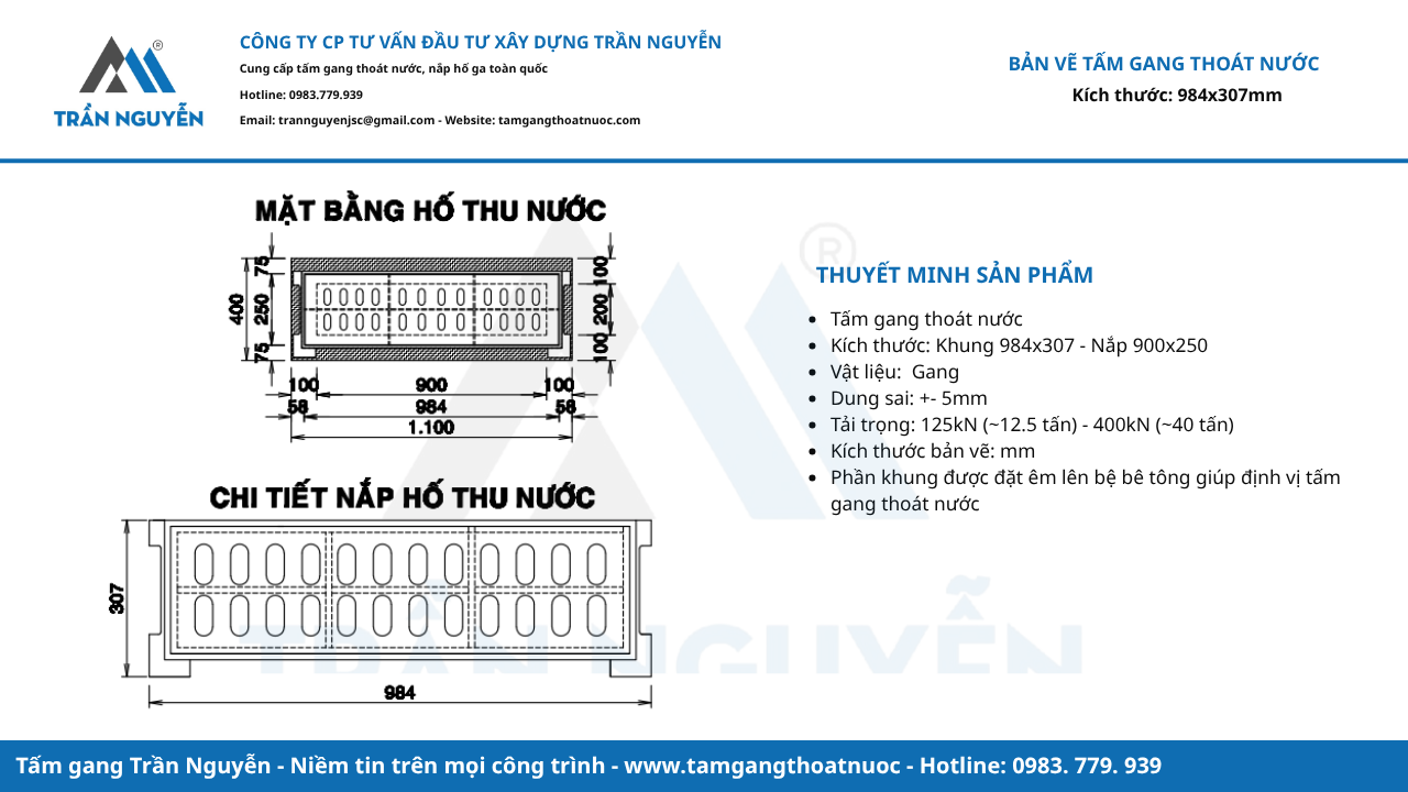 Bản vẽ tấm gang thoát nước 984x307mm
